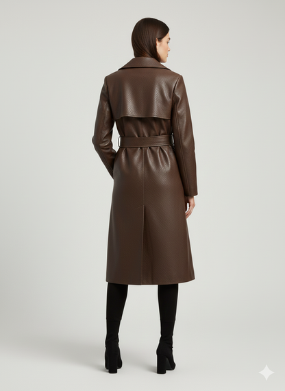 Close-up of the intricate diamond embossing and tonal buttons on a premium brown leather trench.