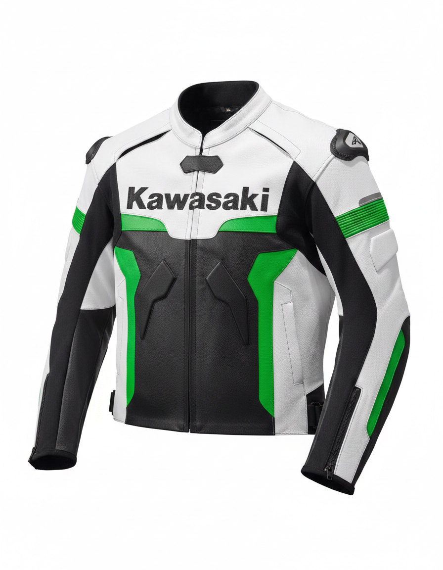 Kawasaki black, green, and white leather motorcycle racing jacket with bold logos and integrated armor.