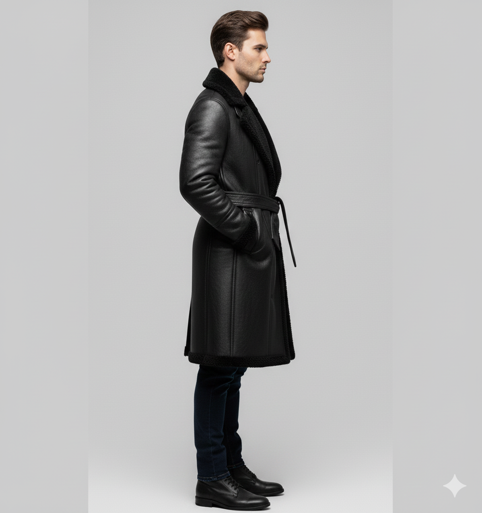 Male model wearing a luxury black leather shearling coat