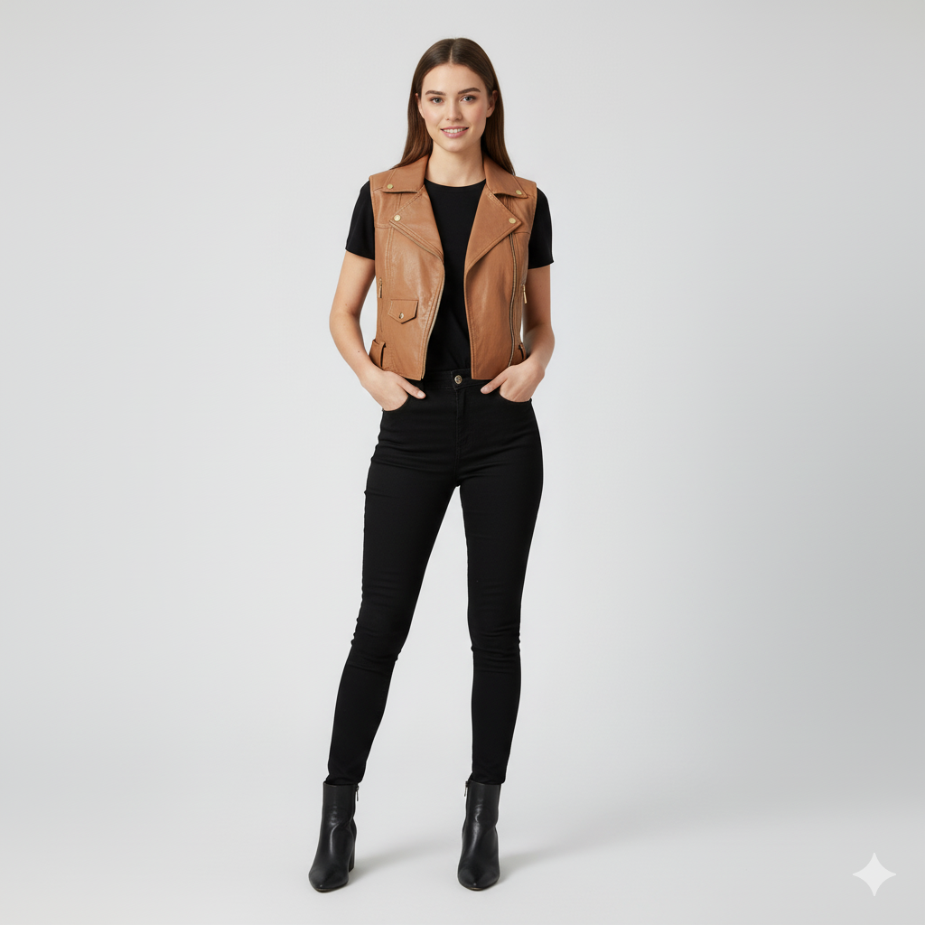 Women's cognac brown leather biker vest with asymmetrical zipper and decorative silver snaps.