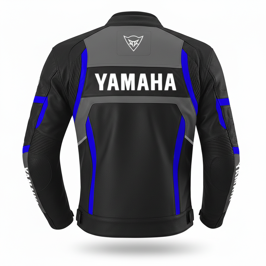Detailed view of the Yamaha chest wordmark, and technical perforated leather on a black and blue racing jacket."