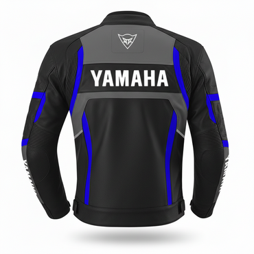 Detailed view of the Yamaha chest wordmark, and technical perforated leather on a black and blue racing jacket."