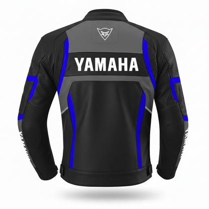 Detailed view of the Yamaha chest wordmark, and technical perforated leather on a black and blue racing jacket."