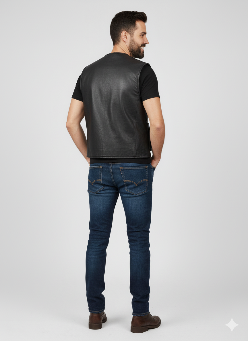 Full-length image of a man wearing a black leather vest showing the adjustable laces tied at the waist.