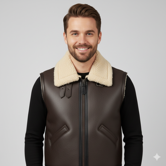 Close-up of the smooth, high-quality dark brown leather and the subtle snap buttons on the front of the vest.