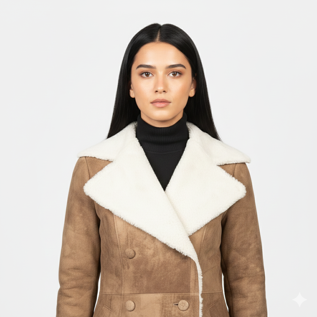 Double-breasted  suede midi coat for women featuring tonal buttons and plush white fur trim.