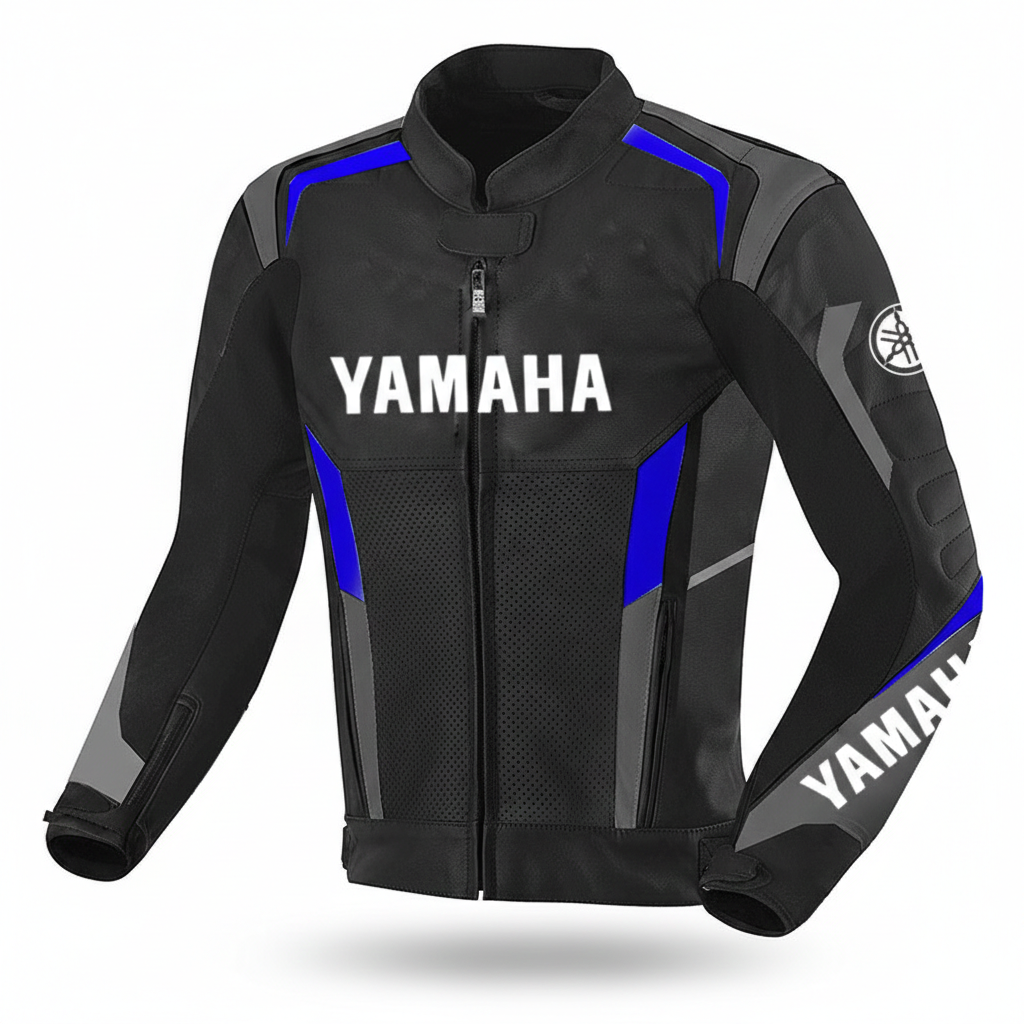 Yamaha black and blue leather motorcycle racing jacket.