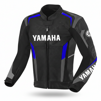 Yamaha black and blue leather motorcycle racing jacket.