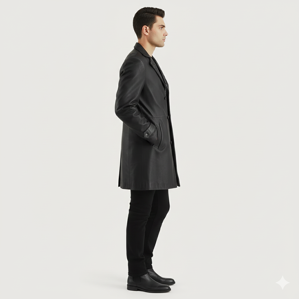 Male model wearing a minimalist black leather duster coat
