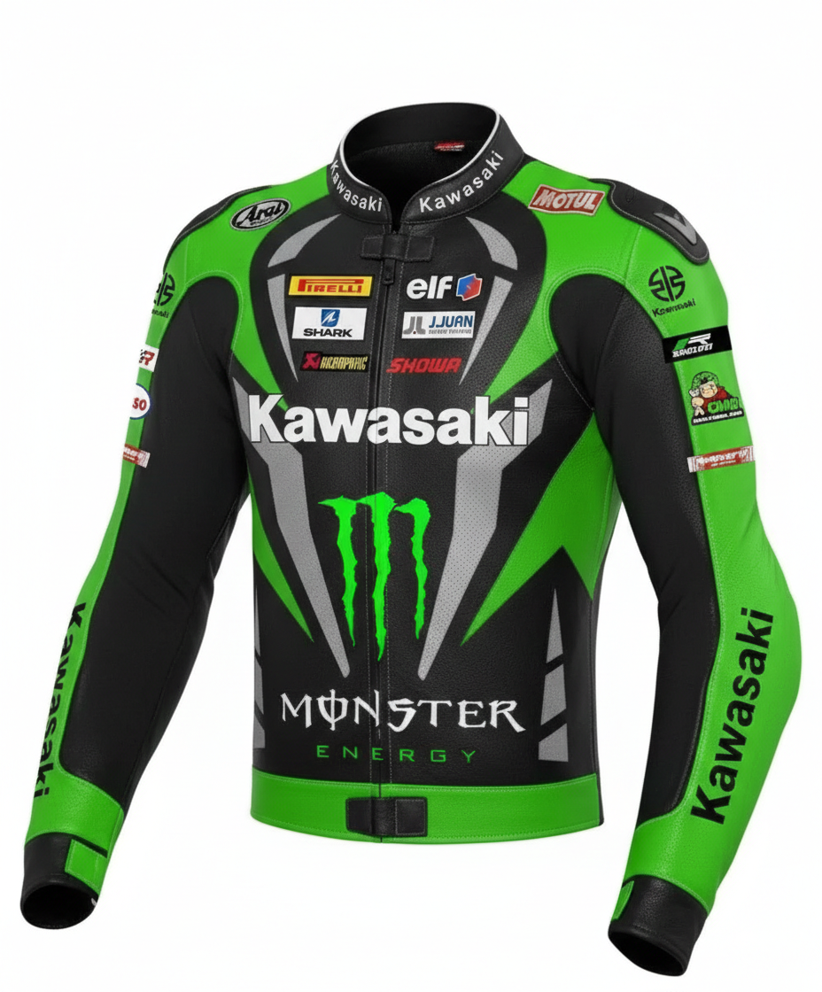 Kawasaki green and black leather motorcycle racing jacket with Monster Energy logo and integrated armor.