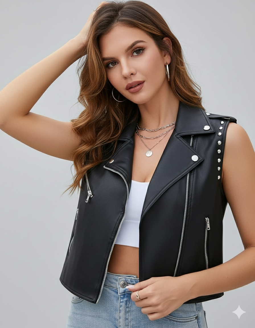 Detailed view of the silver studs on the shoulder and the diagonal zipper on the black leather cropped vest.