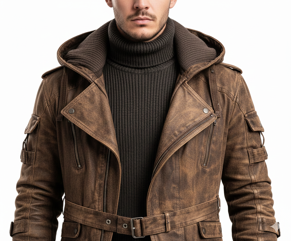 Longline weathered brown utility duster for men featuring modular arm straps and a belted waist.