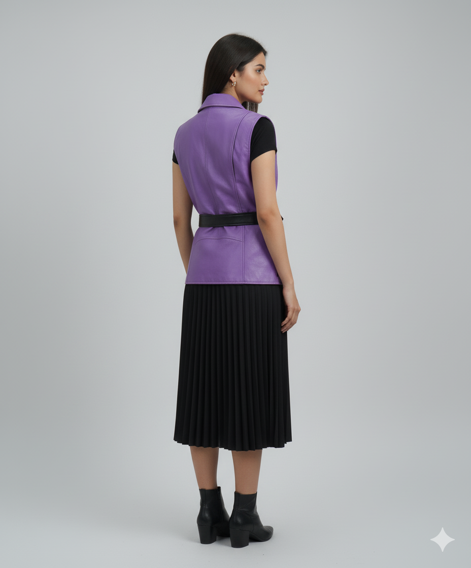 Vibrant purple sleeveless vest with wide notched lapels and multiple zippered pockets for an edgy look.