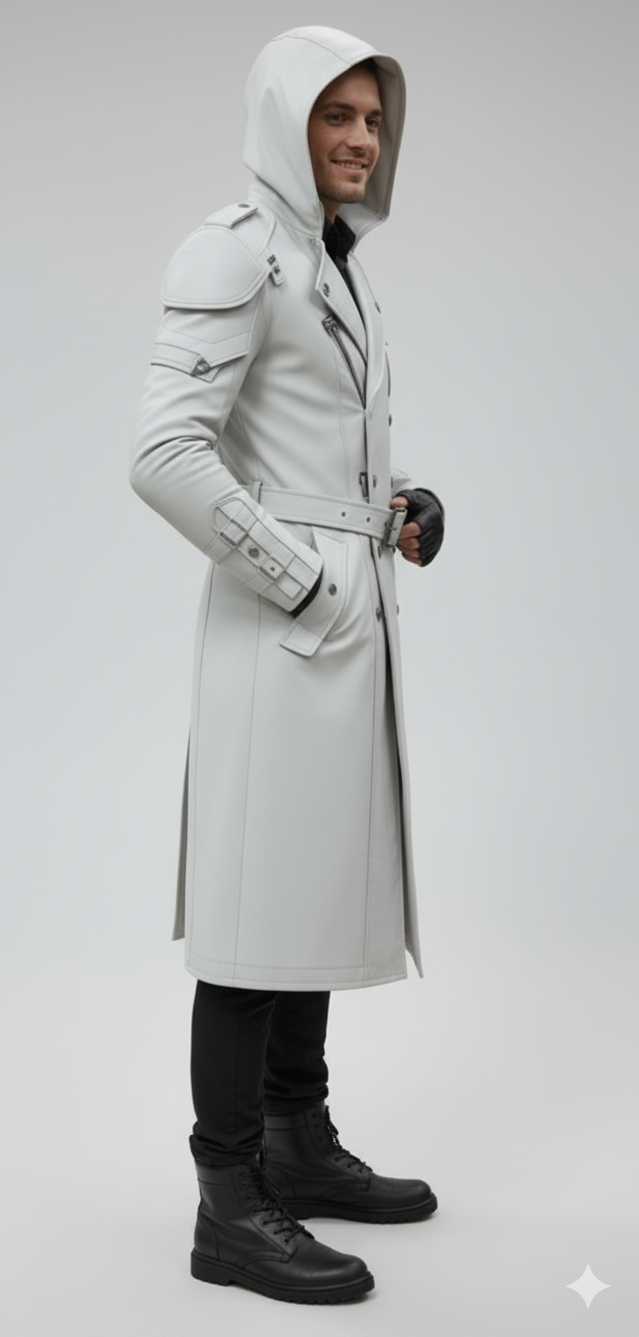 Longline white tech wear overcoat for men featuring an integrated hood, tactical sleeve panels, and combat-ready detailing.
