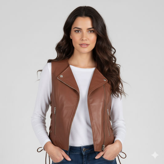 Women's cognac brown leather asymmetrical biker vest with silver zip, notched lapels, and decorative side laces.