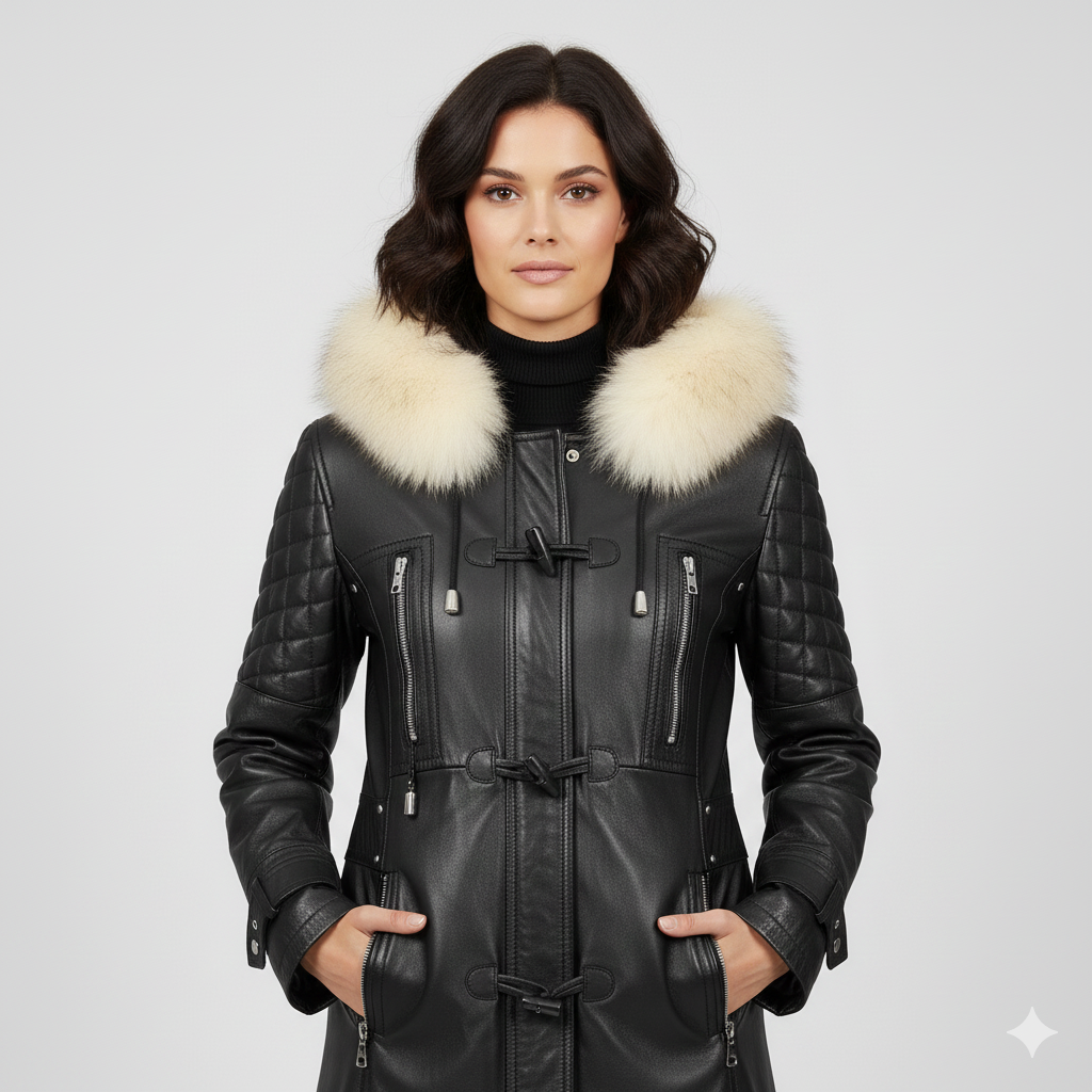 Leather mid-length winter jacket for women featuring toggle closures, zipper pockets, and a plush fur hood.