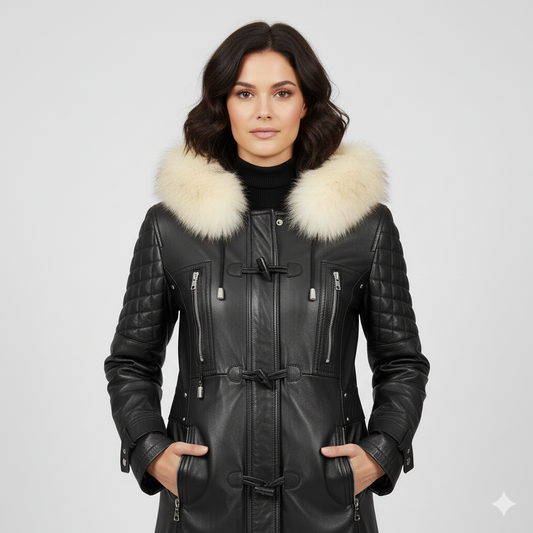 Leather mid-length winter jacket for women featuring toggle closures, zipper pockets, and a plush fur hood.