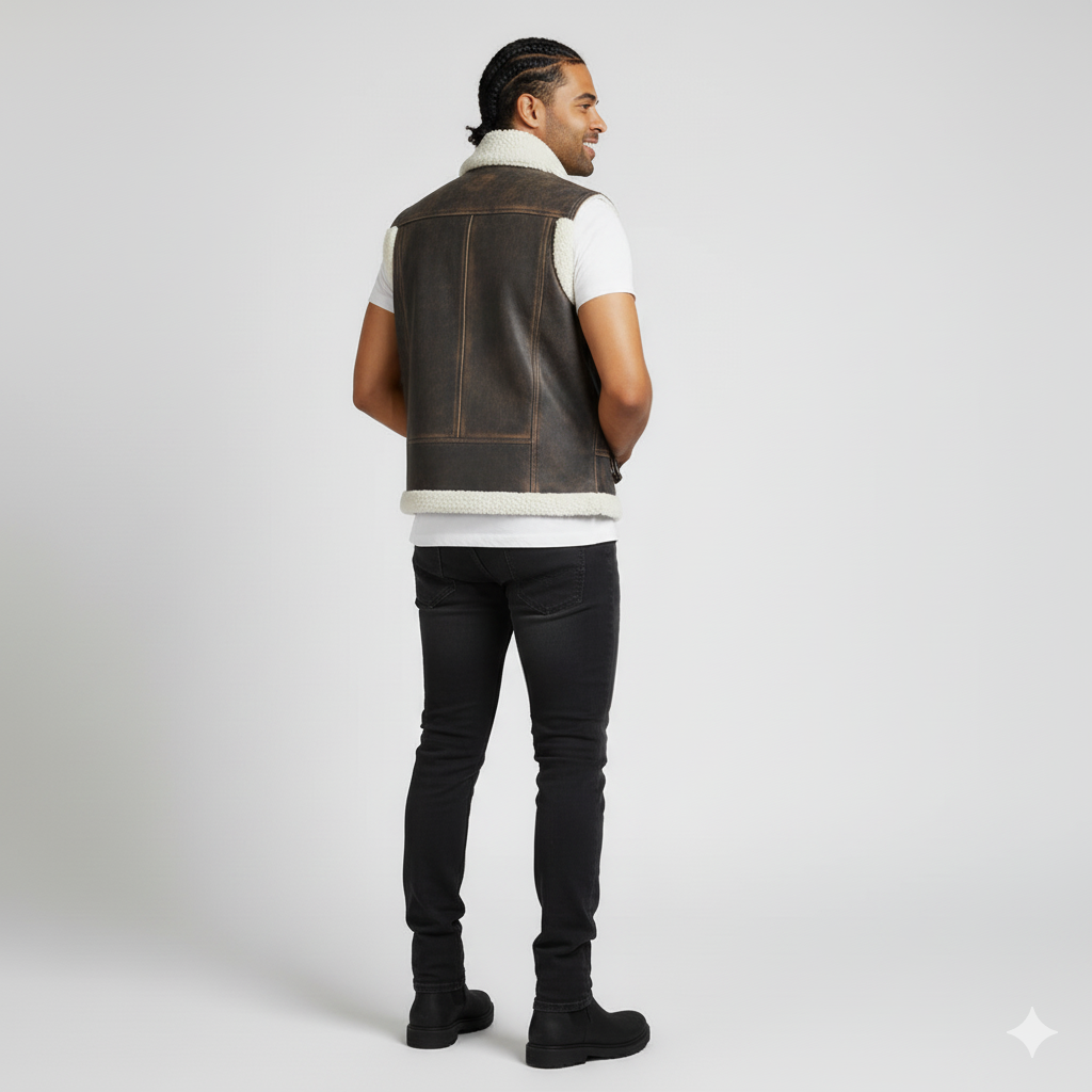 Rugged, cold-weather brown leather vest featuring a wide sherpa collar and contrasting white fur trim.