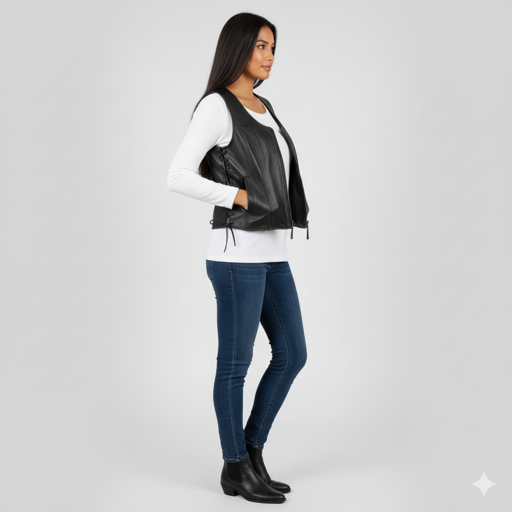 Women's black leather vest with a scoop neck, front zipper closure, and adjustable leather lacing at the side hems.