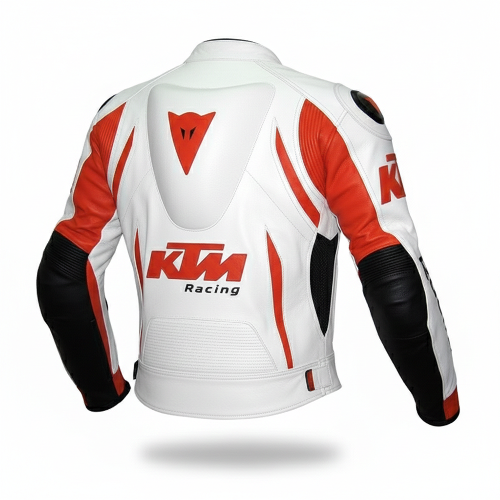 Detailed view of the KTM Racing chest logo, external shoulder sliders, and technical leather panels on a professional racing jacket.