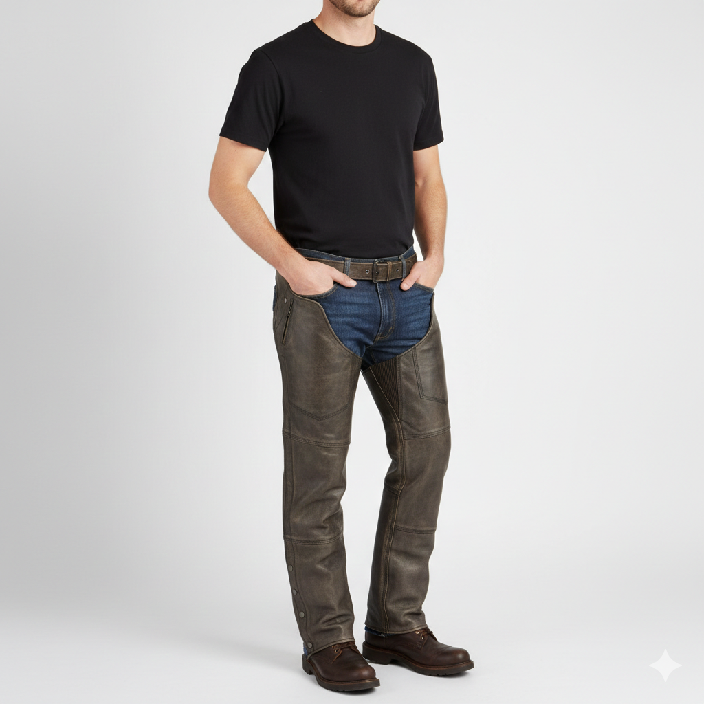 Men's distressed cocoa brown leather performance riding chaps with articulated knees and adjustable buckled waist.