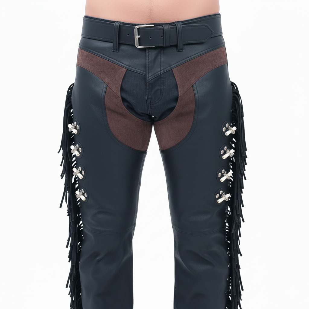 Men's black leather western chaps with brown suede panels and long side fringe.