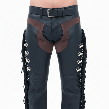 Men's black leather western chaps with brown suede panels and long side fringe.
