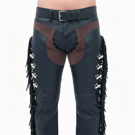 Men's black leather western chaps with brown suede panels and long side fringe.