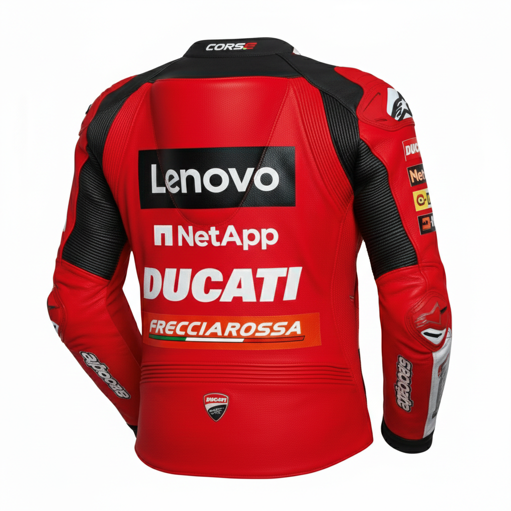 Detailed view of the Ducati Lenovo chest branding, Shell and NetApp sponsor patches, and technical leather panels on a racing red jacket.