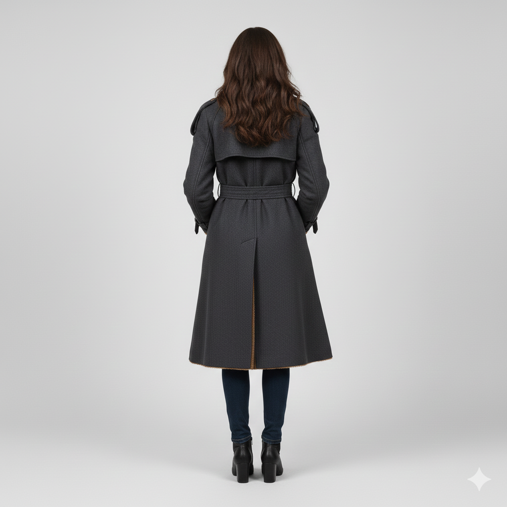 Close-up of the contrasting textures between the grey wool exterior and the soft brown shearling interior on a premium women's coat.