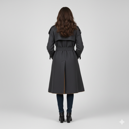 Close-up of the contrasting textures between the grey wool exterior and the soft brown shearling interior on a premium women's coat.