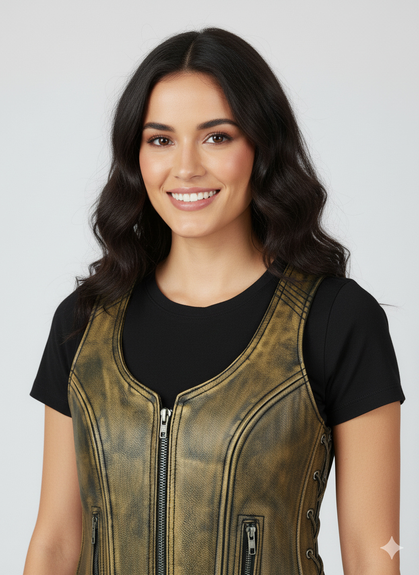 Woman wearing a brown leather-look vest over a black t-shirt, light black jeans, and black  ankle boots.