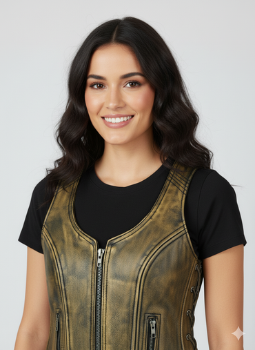 Woman wearing a brown leather-look vest over a black t-shirt, light black jeans, and black  ankle boots.