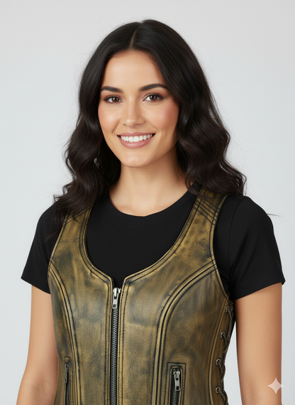 Woman wearing a brown leather-look vest over a black t-shirt, light black jeans, and black  ankle boots.