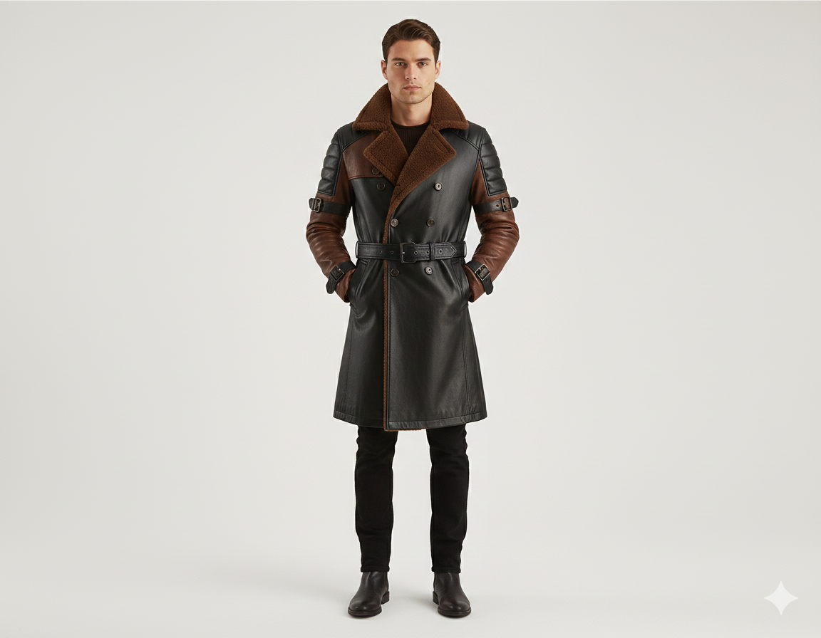 Men's dual-tone black and brown leather trench coat with cocoa shearling collar and belted waist.