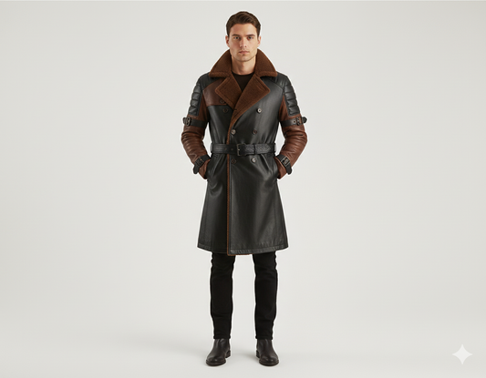 Men's dual-tone black and brown leather trench coat with cocoa shearling collar and belted waist.