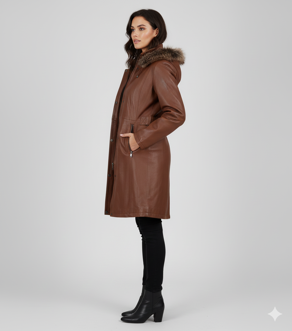 Model wearing a luxury brown leather hooded coat 