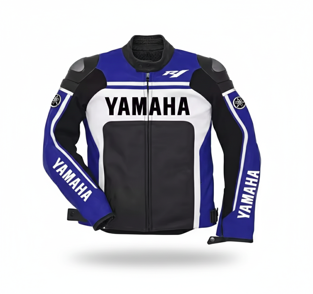 Yamaha R1 black, blue, and white leather motorcycle racing jacket with integrated armor and team branding.