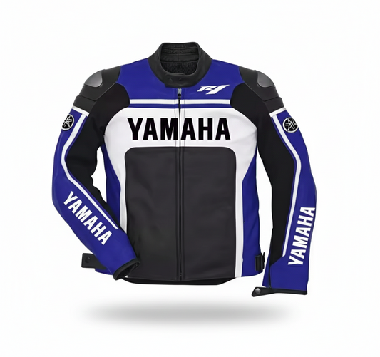 Yamaha R1 black, blue, and white leather motorcycle racing jacket with integrated armor and team branding.