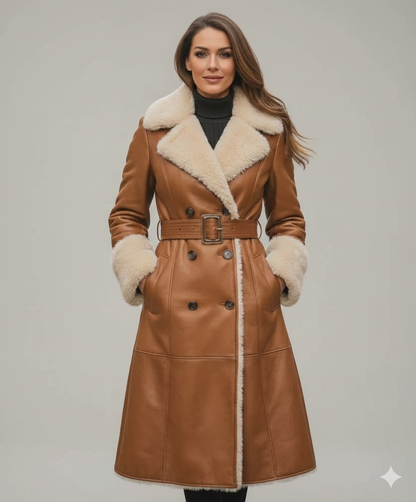 Women's caramel  leather trench coat with cream shearling-lined collar and cuffs.
