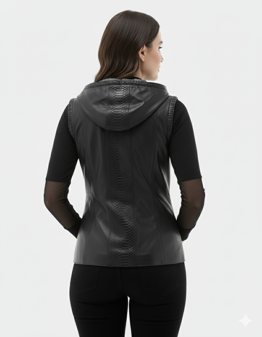 Black hooded vest showing the embossed snakeskin-like texture panel down the center front and the ribbed shoulder detail.