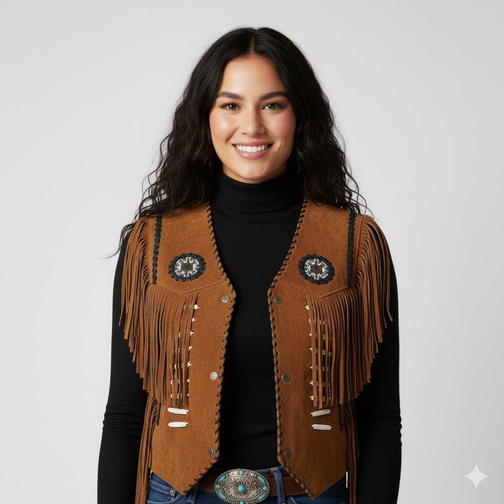 Woman wearing a Western-style fringed suede vest over a black shirt, dark wash bootcut jeans, and a belt with a large buckle.
