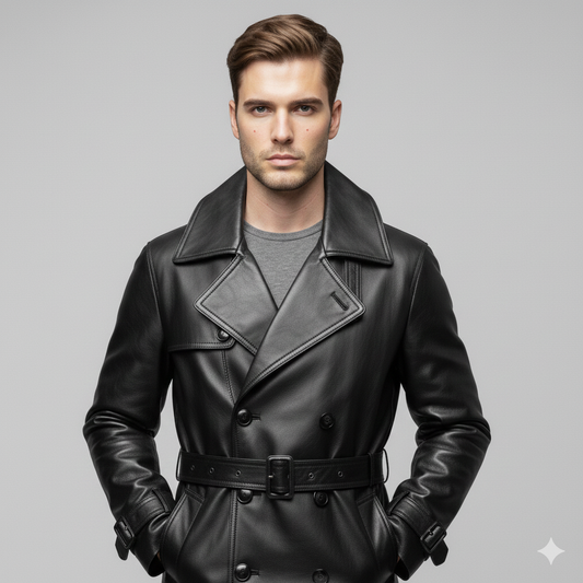 Longline black leather overcoat for men featuring a shoulder storm flap and buckled wrist straps.