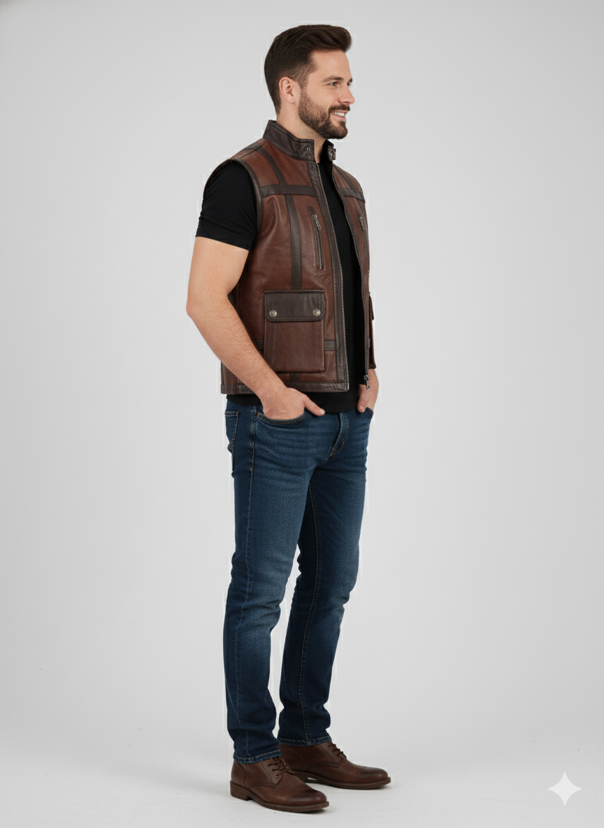 Men's distressed dark brown leather biker vest with an asymmetrical zipper and adjustable buckle straps on the sides.