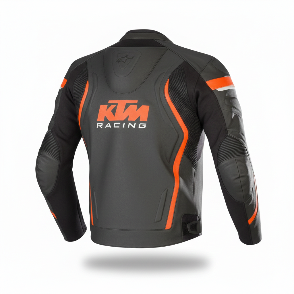 Detailed view of the KTM chest logo, external shoulder sliders, and technical stretch panels on a black racing jacket.