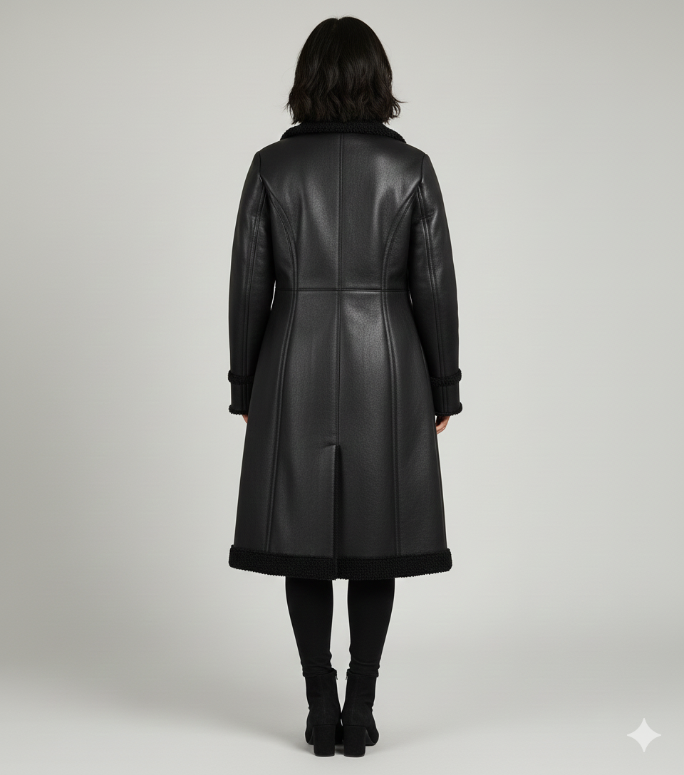 Close-up of the plush black shearling lapels and smooth matte leather finish on a luxury winter coat.