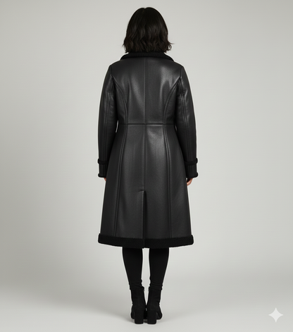 Close-up of the plush black shearling lapels and smooth matte leather finish on a luxury winter coat.