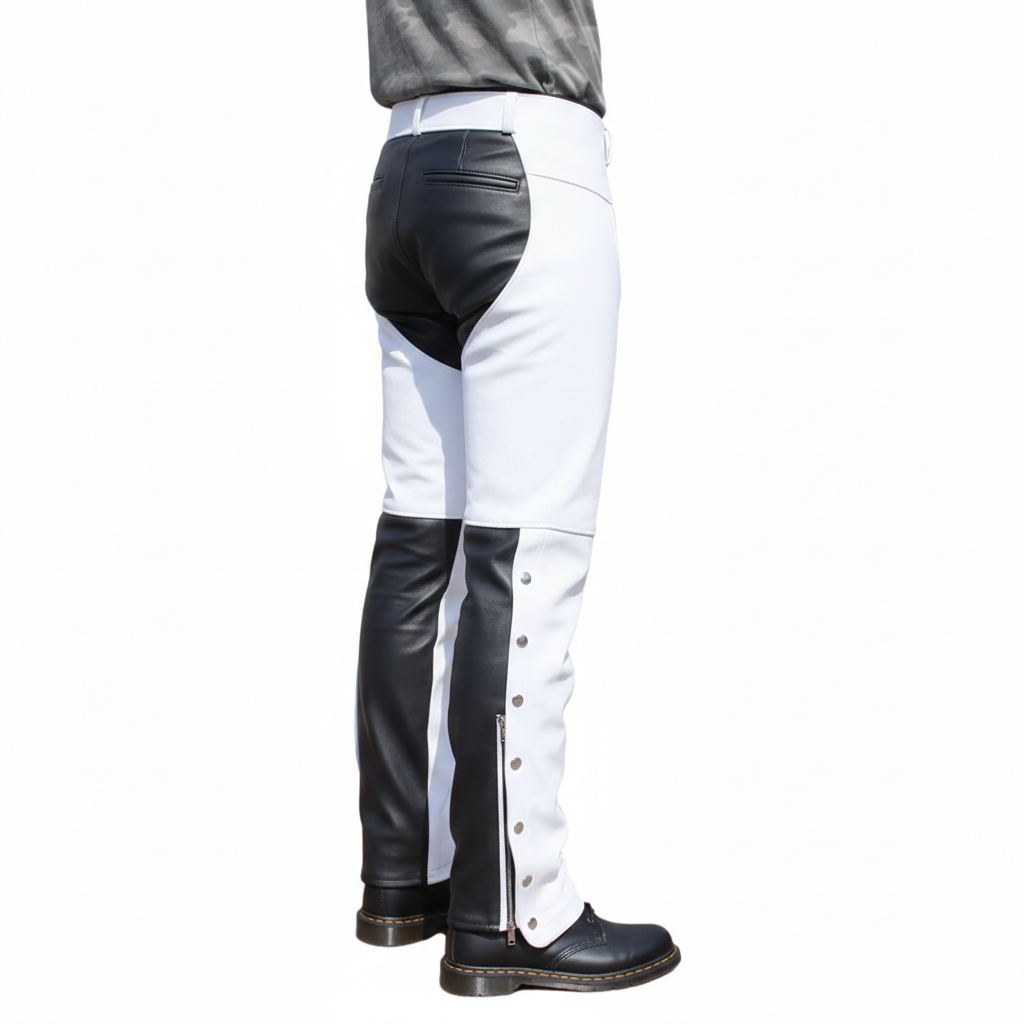 Front view of white leather protective chaps featuring a black heart-shaped thigh accent and open-seat design.