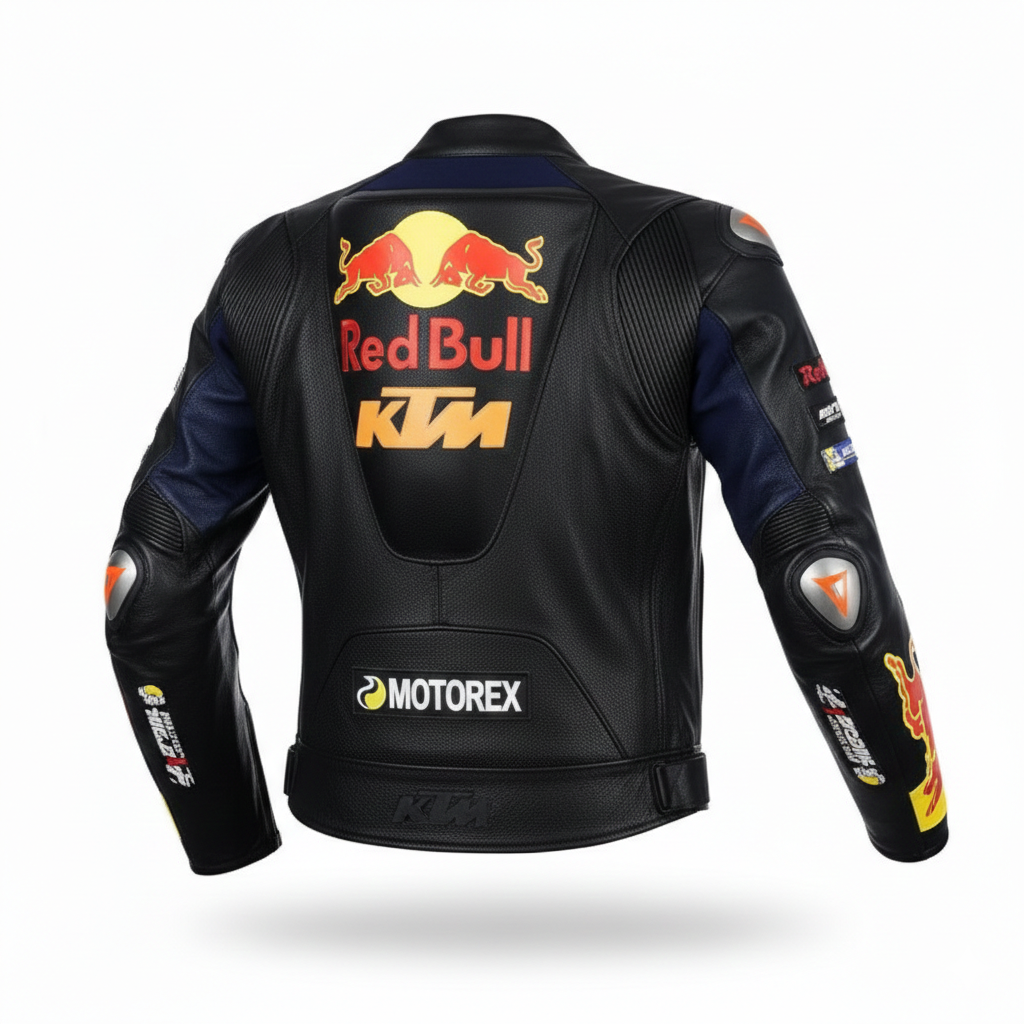 Detailed view of the Red Bull chest branding, KTM logo, and technical perforated leather on a professional racing jacket.