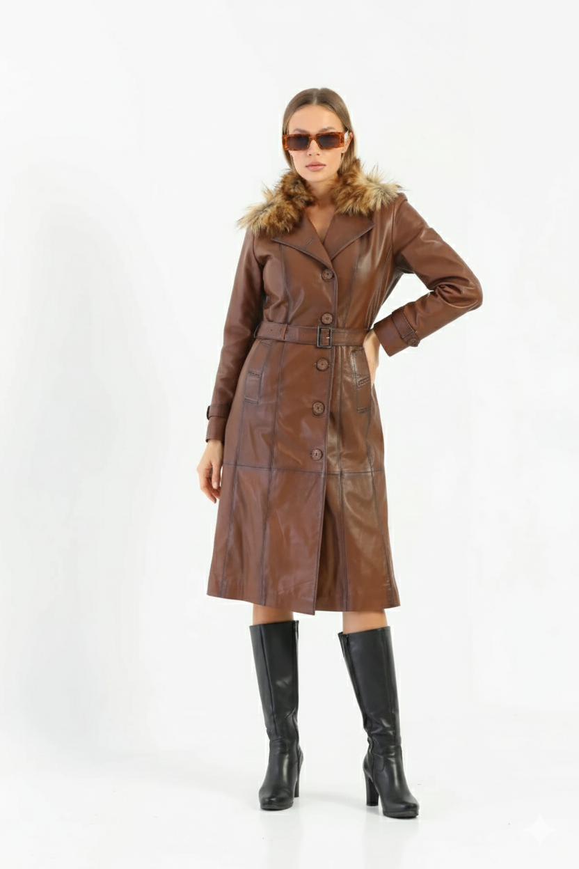 Women's brown leather trench coat with a brown -fur collar and belted waist.